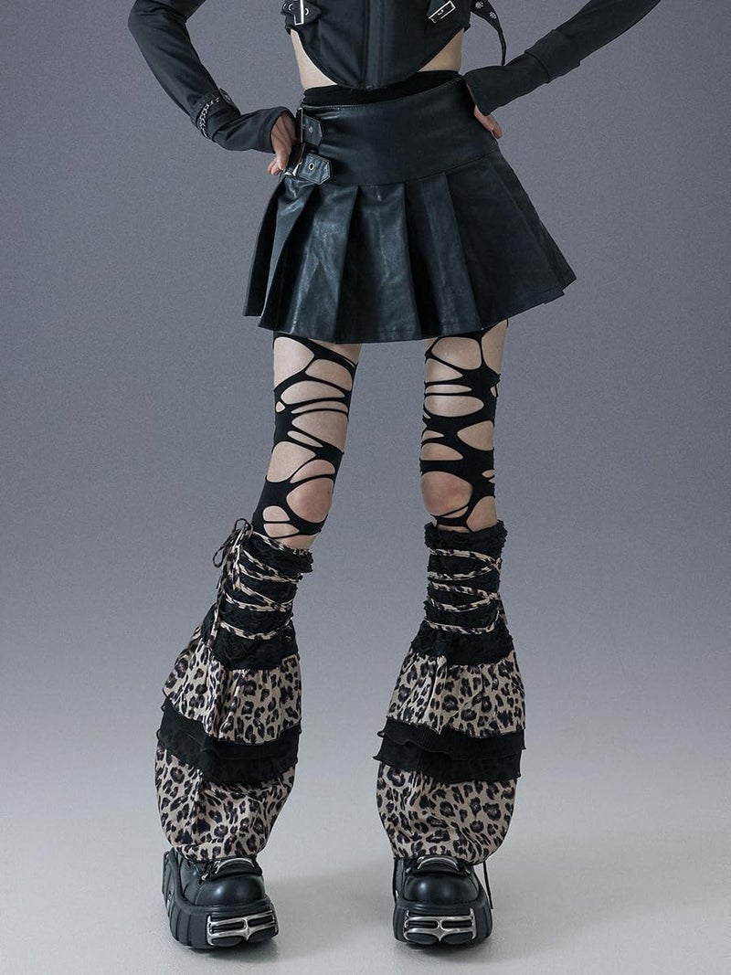 IKIOU Gothic Y2K Leg Warmers, Black Leopard Print Ruffled Design, One Size, Alternative Fashion Punk Style Leg Sleeves with Decorative Straps - Image 5